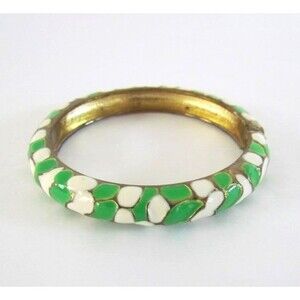 Vintage Enamel Hinged Clamper Bangle Bracelet Green White Pattern